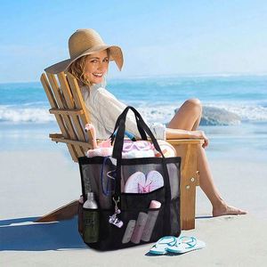 Sac fourre-tout en maille unisexe portable pour l'été, grande capacité, pour la plage, les voyages en famille, réutilisable, en polyester blanc, idéal pour le shopping - Product Image 6