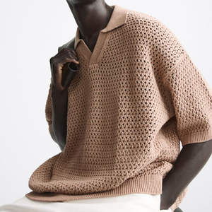 T-shirt polo pour homme en maille ajourée tricotée, personnalisé avec un logo imprimé de haute qualité, taille plus - Product Image 4