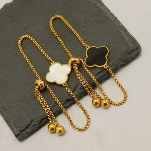 Adjustable 18K Gold Plated Stainless Steel <b>Shell</b> Pearl Zircon Four-Leaf Clover Shape Chain & Link <b>Bracelet</b> Bangles for Girl Gift - Product Image 6
