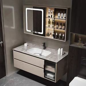 Meuble de salle de bain intelligent noir avec vitrine en verre, lavabo blanc sur comptoir, corps de meuble suspendu - Product Image 6