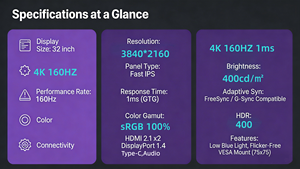 Monitor Gaming IPS Rápido de 32 Pulgadas, 4K, 160Hz, 1ms, HDR 400, Adaptive Sync, DP, Nuevo para Esports y PC - Product Image 6