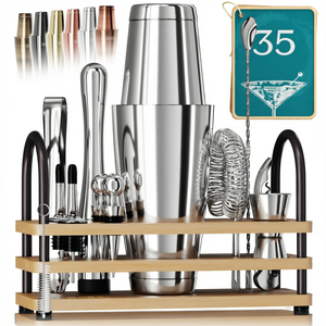 Juego de Herramientas de Bar de Acero Inoxidable, Kit de Coctelería con Soporte de Madera, Accesorios de Barman de Metal para Bar en Casa y Fiestas - Product Image 1