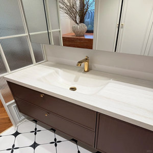 Meuble de salle de bain YALIG, style mi-siècle, couleur noyer, avec vasque monobloc en pierre courbée à chaud, sur pied - Product Image 3