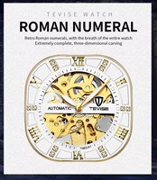 Montre mécanique en or rose pour hommes, automatique, squelette, boîtier coussin, cadran noir, bracelet en métal, chiffres romains lumineux