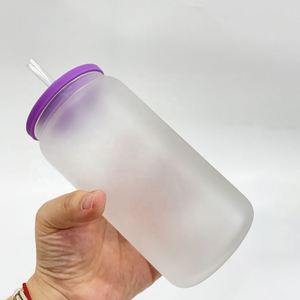 Verre canette 16oz transparent givré vierge pour sublimation avec couvercle en silicone coloré, stock entrepôt USA - Product Image 5