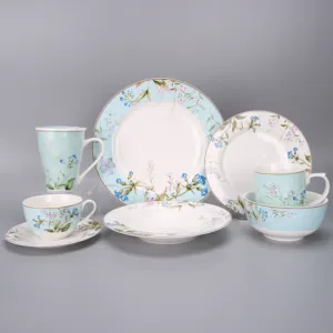 Classic vintage blue flower gold rim light luxury porcelain dinnerware flora decal dishes and cup dinnerset