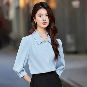 Women's Light Blue Mid Sleeve Shirt Solid Color Polyester Poplin Office Casual Blouse Elegant Style - Product Image 1