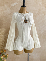 Pull en tricot crocheté style bohème coréen pour femme, blanc, col rond, manches cloche, coupe moulante, tenue de plage (personnalisable, anti-plis)