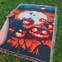 Tapis de pique-nique et couverture quatre saisons en tapisserie tissée à la machine, décoratif à pompons, ambiance de festival sorcier citrouille d'Halloween