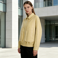 Veste en cuir jaune clair élégante, veste courte pour femme printemps/automne, vestes en cuir sur mesure pour la vente en gros