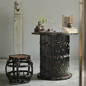 Wabi Sabi Black Bamboo Round Tea <b>Table</b> Handmade Living Room Set - Product Image 2