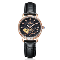 Breloques de luxe pour femmes et filles, montres-bracelets en diamant, cœur creux, montres mécaniques automatiques avec cuir