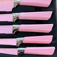 Coffret de 6 couteaux de cuisine roses en acier inoxydable, 12 pouces, lames affûtées, manche en tige de blé, couteaux de chef professionnels, coffret cadeau pour cuisine