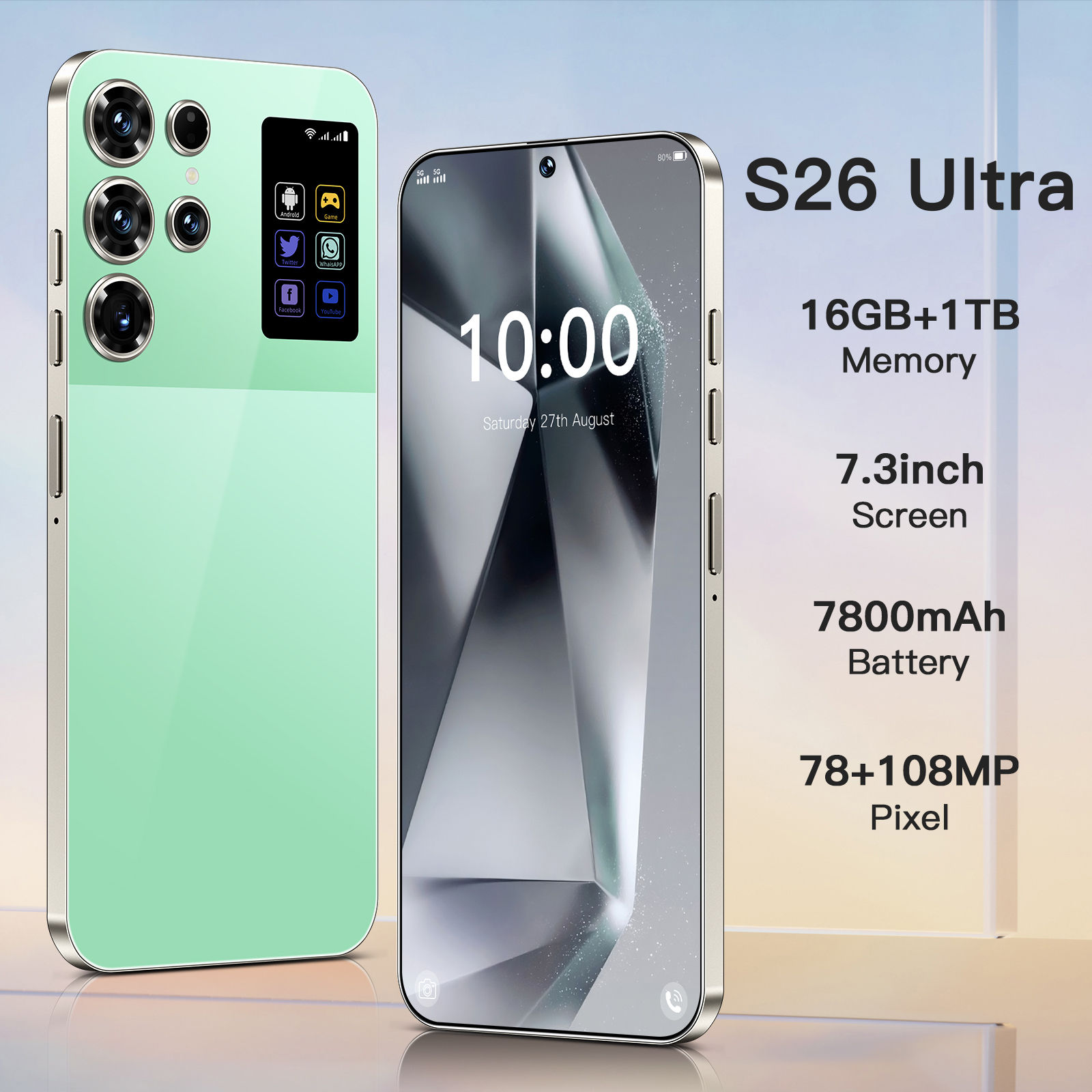 S26 Ultra - 7.3 Inch Android 15 Smartphone with 108MP HD Screen