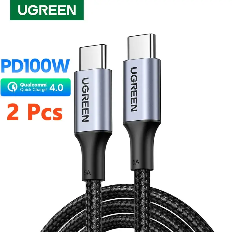 UGREEN kabel pengisi daya USB Tipe C ke USB C, 2 pak PD 100W 60W untuk Macbook Xiaomi Samsung, pengisi daya Cepat 2 buah, 1m 1.5m 2m USB C