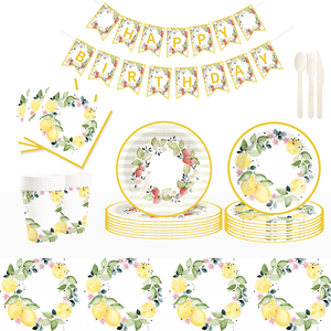 DAMAI - Vajilla Desechable con Temática de Frutas, Platos, Servilletas y Vasos de Papel con Diseño de Limón y Fresa - Product Image 2