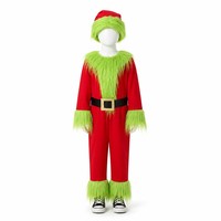 Disfraz de Monstruo Navideño para Niños, Mono Rojo con Ribete de Peluche Verde, Gorro de Santa, Cinturón con Hebilla Dorada, Fiesta Navideña