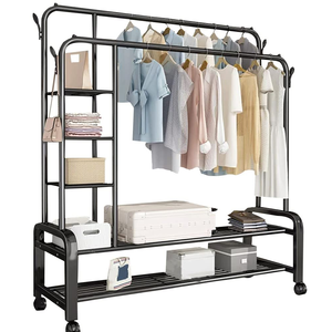 New Metal Double Pole Clothes Rack Floor Standing Hanging Laundry Multifunctional Movable Clothes Rack With Hooks - Product Image 1