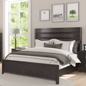 Commode de chambre à coucher à panneaux à lattes, meuble de rangement moderne avec quincaillerie métallique, commode contemporaine gris foncé avec miroir - Product Image 1