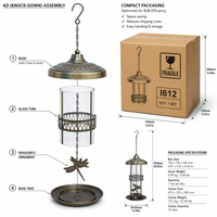 Mangeoire à oiseaux en métal avec tube transparent, ornement libellule, dôme décoratif, plateau à graines, chaîne de suspension, décoration de jardin, style antique, écologique
