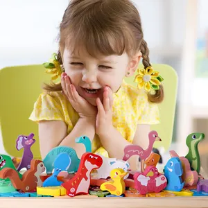 어린이를위한 나무 동물 퍼즐 장난감 교육용 3D 멀티 플레이 알파벳 및 숫자 학습 동물과 공룡 스택 빌딩 블록