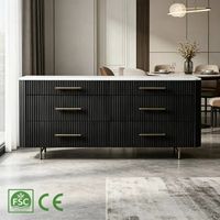 Buffet en bois massif artisanal de luxe, design noir côtelé, 6 tiroirs de rangement, chambre, salon, hôpital