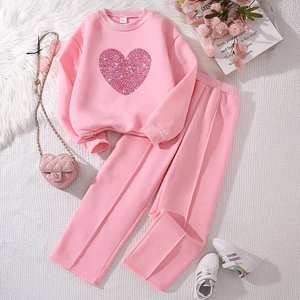 Vente flash : Ensemble décontracté été pour filles de 8 à 12 <span class=keywords><strong>ans</strong></span>, haut et <span class=keywords><strong>pantalon</strong></span> à imprimé floral rayé et cœur - Product Image 4