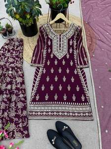 สีแดงFaux GeorgetteปักKurta ShararaชุดDupattaอินเดียDesignerชุดDupatta Partywear Readymade - Product Image 4