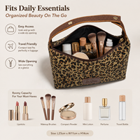 Pochette de maquillage portable légère et pliable à fermeture éclair imprimé léopard, idéale pour les voyages, avec option de logo personnalisé pour marques de beauté OEM