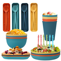 Ensemble de vaisselle en plastique 36 pièces, motif grain vertical, pour l'international, comprenant bol, assiette, tasse, couteau, fourchette, baguettes, portable et compatible micro-ondes