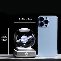Sphère en verre du système solaire Saturne 3D de 80 mm Planète K9 Gravure 3D en cristal Boule avec base LED argentée pour cadeaux d'anniversaire