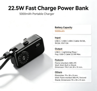 Batterie externe magnétique 5000 mAh 22,5 W avec câble Type C intégré, affichage numérique, chargeur portable pour téléphone et montre connectée, personnalisable OEM