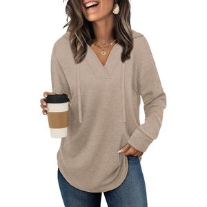 FOXA <b>Women's</b> V Neck Hoodie Oversized Sweatshirt Cotton Blend Breathable With Pockets Plus Size Fall Fashion Top - Product Image 1