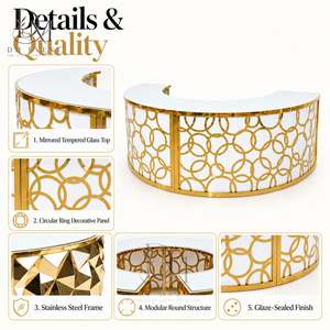 Barra de Bar Redonda Plegable de Acero Inoxidable Dorado y Blanco con Rejilla Floral, Personalizada, Grande, con Tapa de Vidrio Templado Desmontable - Product Image 5