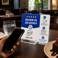 Carte NFC OEM Google pour avis d'hôtel, commande tactile, mini-programme, support carré en acrylique à poser sur table, 1k 100x100mm, fabriqué à HK