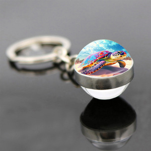Wholesale Double Side Glass Ball Pendant Sea Turtle Metal Keychain Sublimation Key Holder