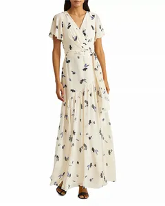 2022 Summer Fashion Women Elegant Short Flutter Sleeves Surplice V Neck Floral Wrap Long Maxi Dress with Asymmetric Hem