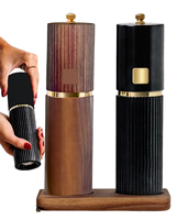 Ensemble moulin à sel et poivre en bois, rechargeable, manuel, avec meules en céramique réglables, détails dorés, support en bois noir foncé