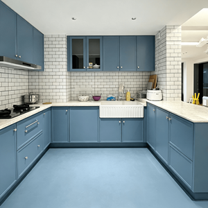 Custom Modular L-Shape Matte Blue Shaker Eco-Friendly <strong>Kitchen</strong> Cabinet Glass Wall Cabinet White Farmhouse <strong>Apron</strong> Sink <strong>Kitchen</strong> - Product Image 1
