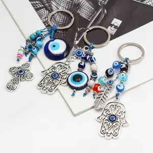 Good Luck Metal Key Chain For Women Hamsa Cross Blue Eye Kralen Uil Turkse Glazen Boze Oog Sleutelhanger Voor Amulet Sleutelhanger