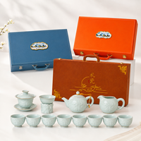 Ensemble de thé chinois en céladon de 13 pièces, boîte cadeau, théière Gaiwan, pichet à thé, 8 tasses, ensemble de thé Gongfu en porcelaine, motif en relief, bord doré, 350 ml