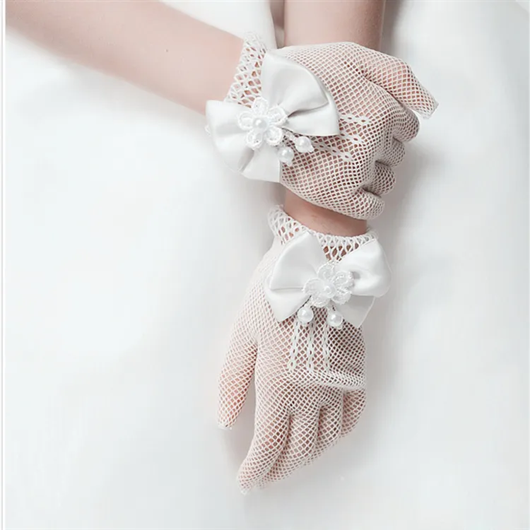 MIO High Stretchy Girls Wedding Dress Accessories Glove White Pearl Bow Lace Gloves Short Nylon Mesh Full Finger Princess Gloves