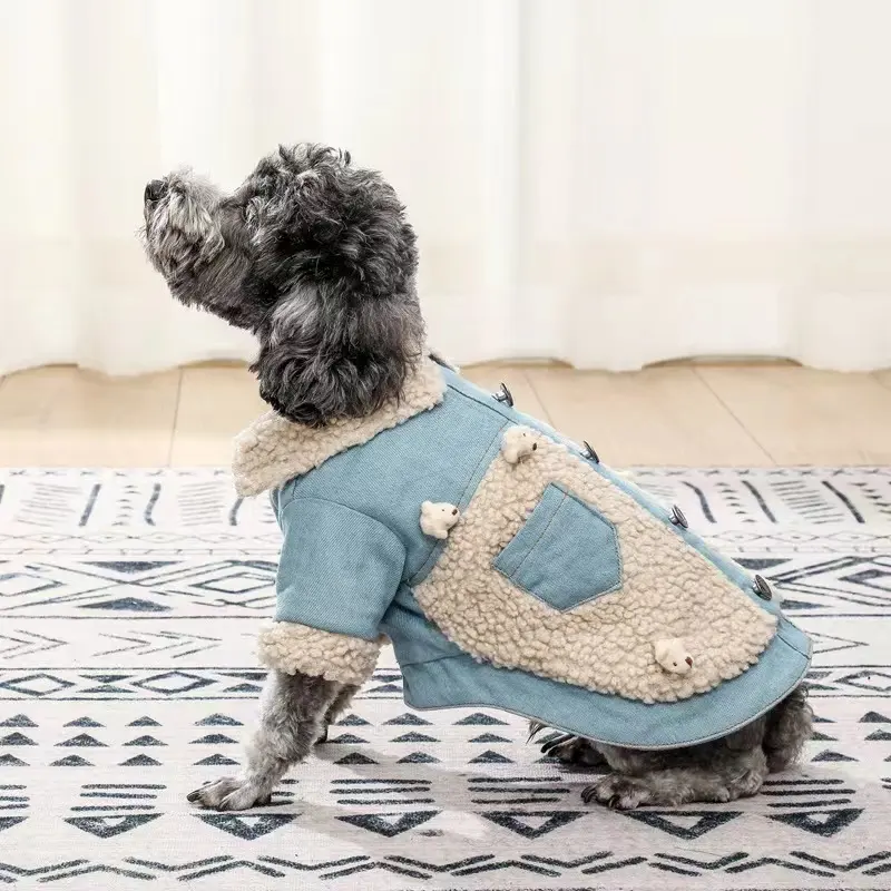 秋と冬のペットコットンパッド入りコート、厚手の暖かい小型犬ラムダウンカウボーイコートベストペット製品トップセラー
