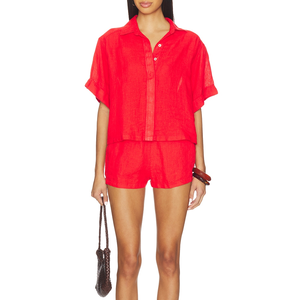Women's Custom Luxury Casual <strong>Red</strong> Linen Blouse Turn-Down Collar Short Sleeve <strong>Cropped</strong> Button Down <strong>Top</strong> - Product Image 3