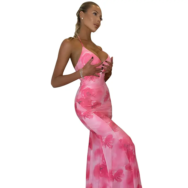 Halter Tie Dye Robe Midi Dos Nu Femme Slim Fit Imprimé Floral Moulante avec Maille Mousseline Spandex Longueur Sol Imprimé Floral