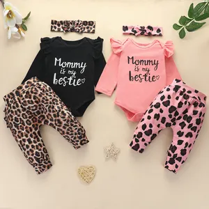 Baby Girl Clothes Girls Long Sleeve Leopard Romper Kid Cute Print Pants Print Headband Set Newborn Baby Girls Outfit 3pcs