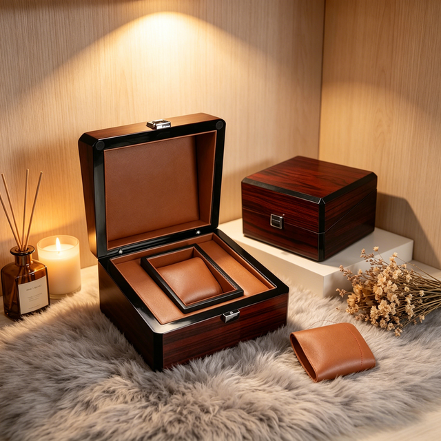 Luxury Rectangle Wine Red Glossy Piano Finish Wood Watch Display Box Brown PU Leather Interior for Single Wristwatch Storage