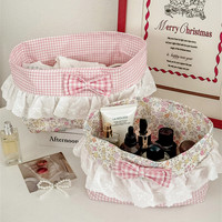 Panier de rangement multifonctionnel en tissu écologique à carreaux roses avec nœud en dentelle et volants, pour la décoration intérieure, l'organisation de cosmétiques et le rangement de maquillage sur le bureau