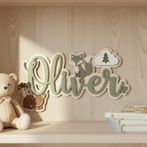 Plaque nominative en bois d'animaux de la forêt, décoration murale en bois sur mesure, 2D double couche, vert sauge, décoration durable - Product Image 6