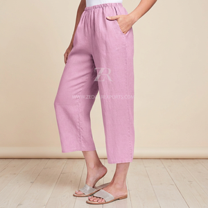 Custom Order Eco-Friendly Linen Wide Leg Women's Summer <b>Trousers</b> Comfortable Breathable Mid Waist Elastic Classic Design - Product Image 3
